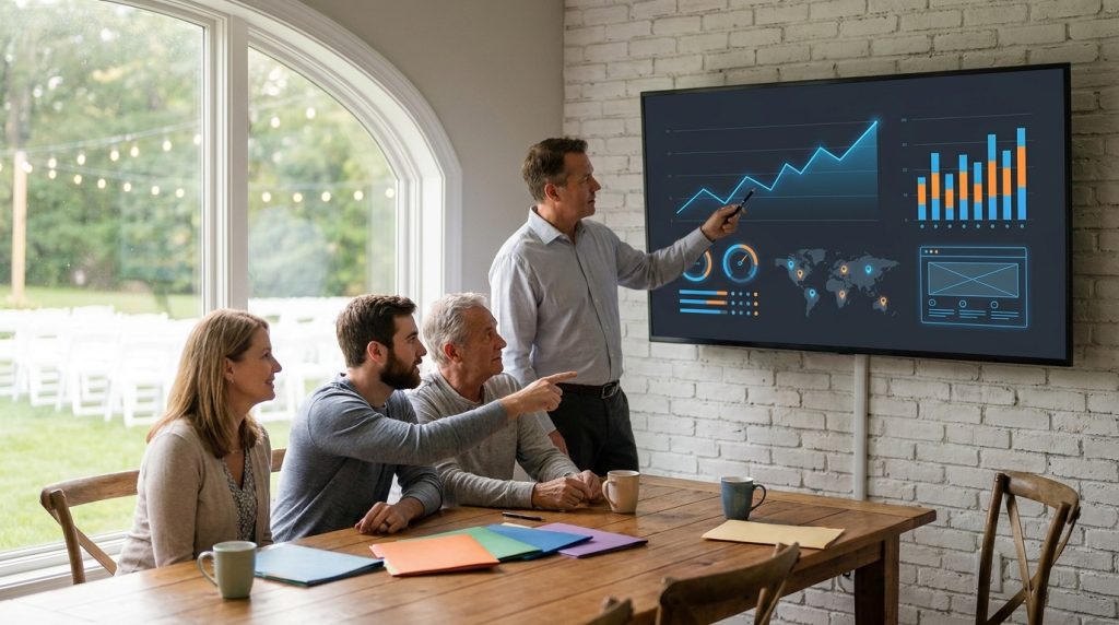 A marketing advisor points to a rising traffic chart on a large dashboard screen while a wedding venue owner family, seated at a farmhouse table covered in agency proposals, follows along